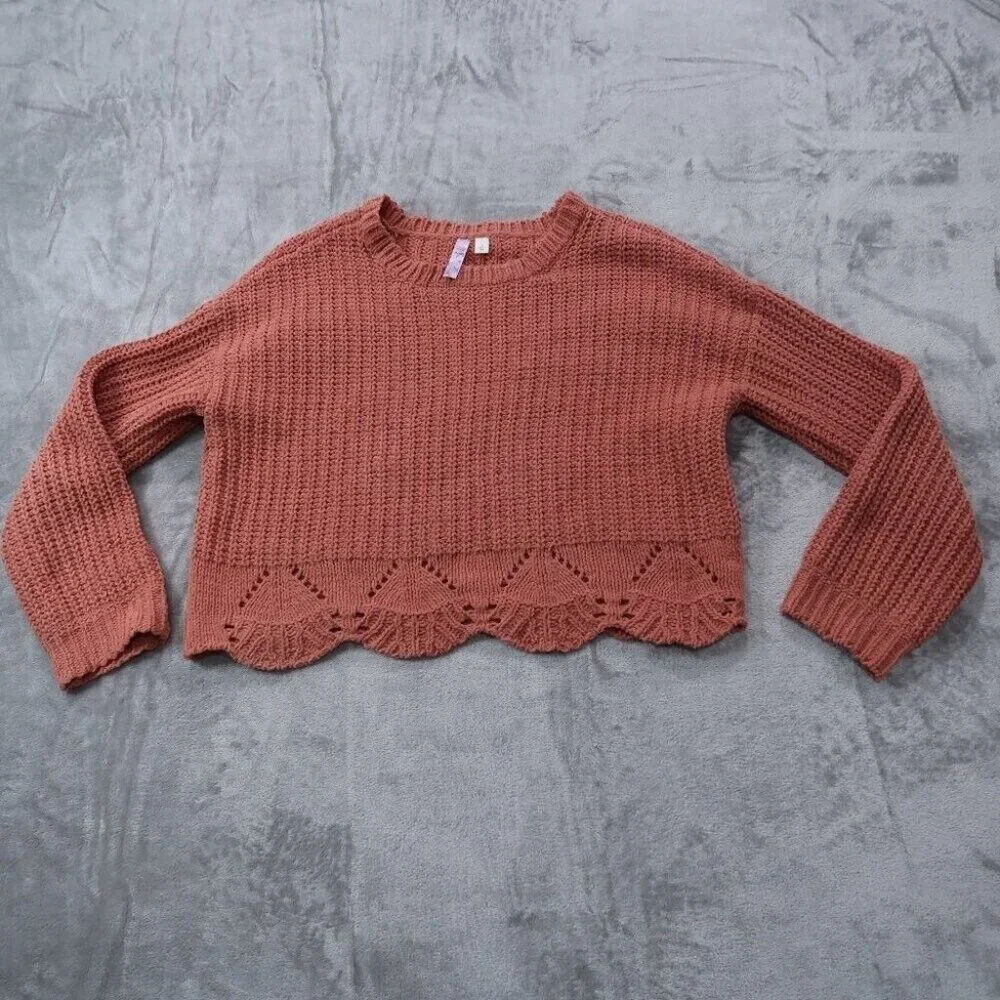 Alya Sweater Womens L Orange Chunky Knit Cropped Crewneck Long Sleeve Pullover - Picture 2 of 15